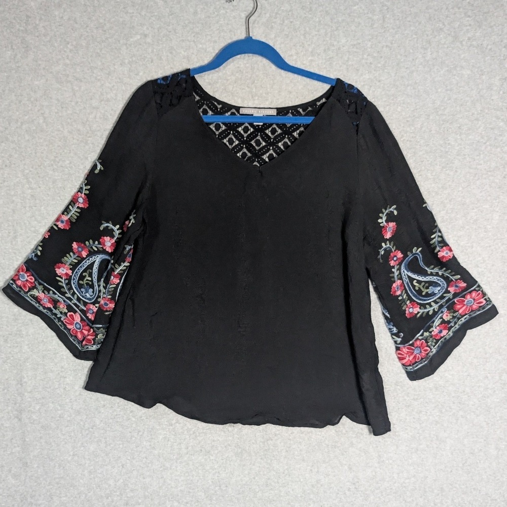 Valerie Stevens Blouse Womens Large Embroidered Bell Sleeve Paisley‎ Floral Boho